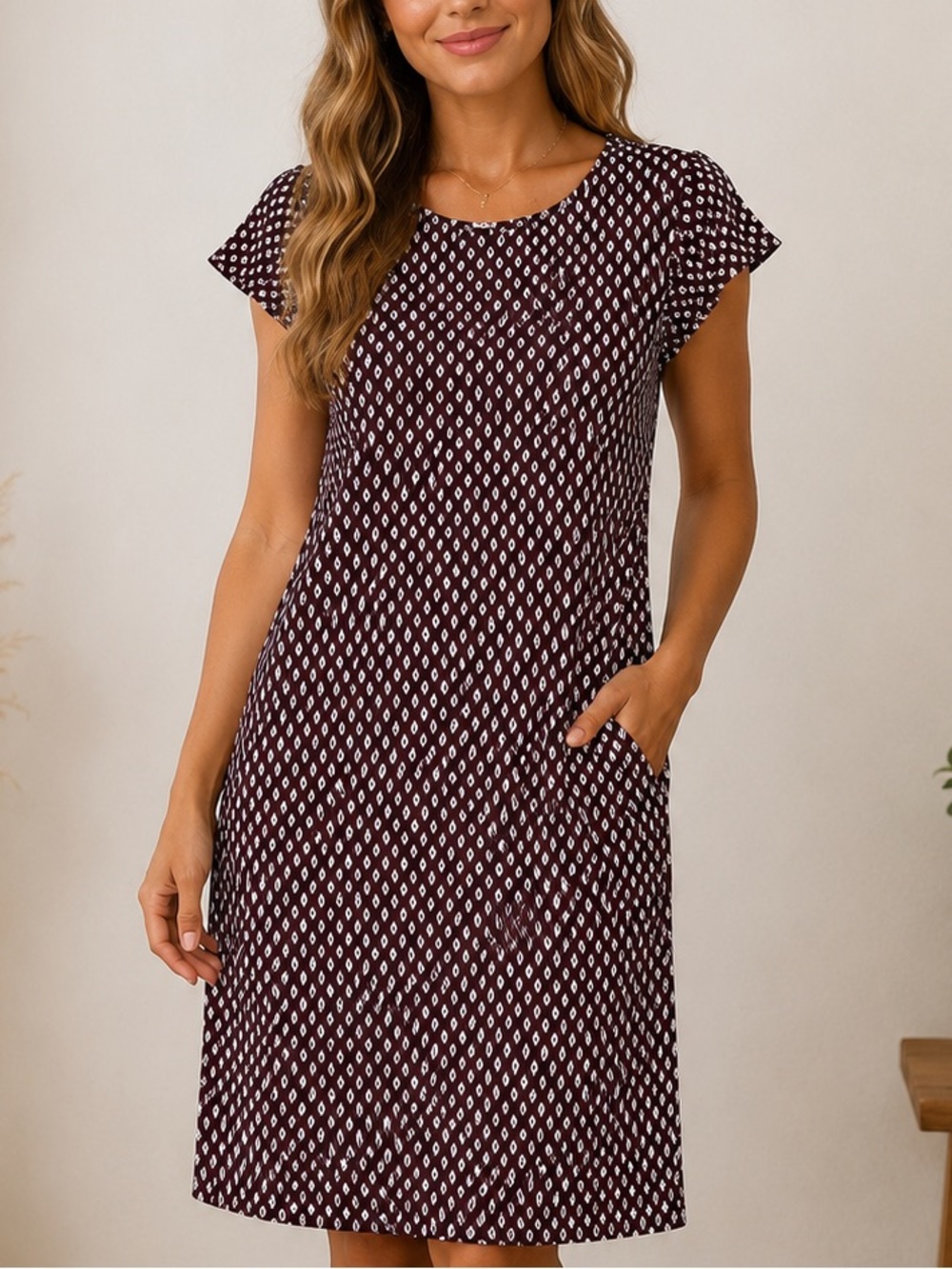 Casual Burgundy Printed Shift Dress the loft size small